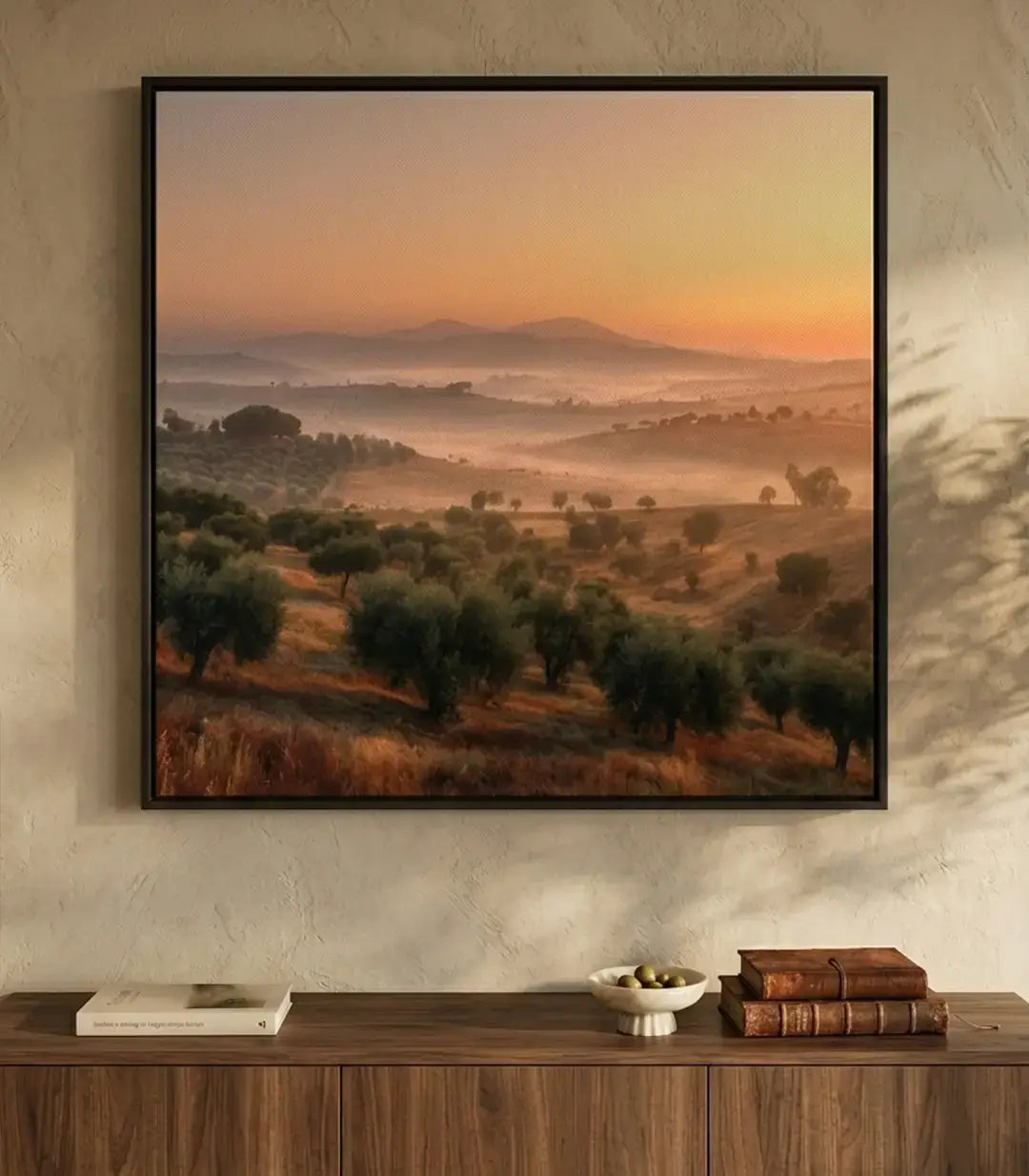Tableau Ridge paysage montagneux brouillard oliviers coucher soleil Massinart