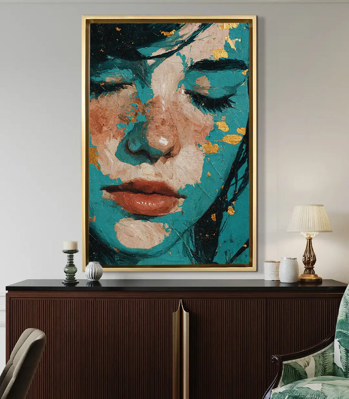 Tableau portrait contemporain mise en situation salon moderne Massinart