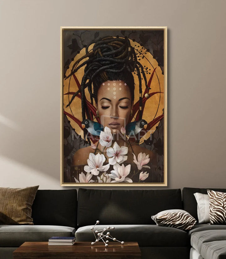 Décoration intérieur séjour — tableau figuratif portrait femme floral Massinart