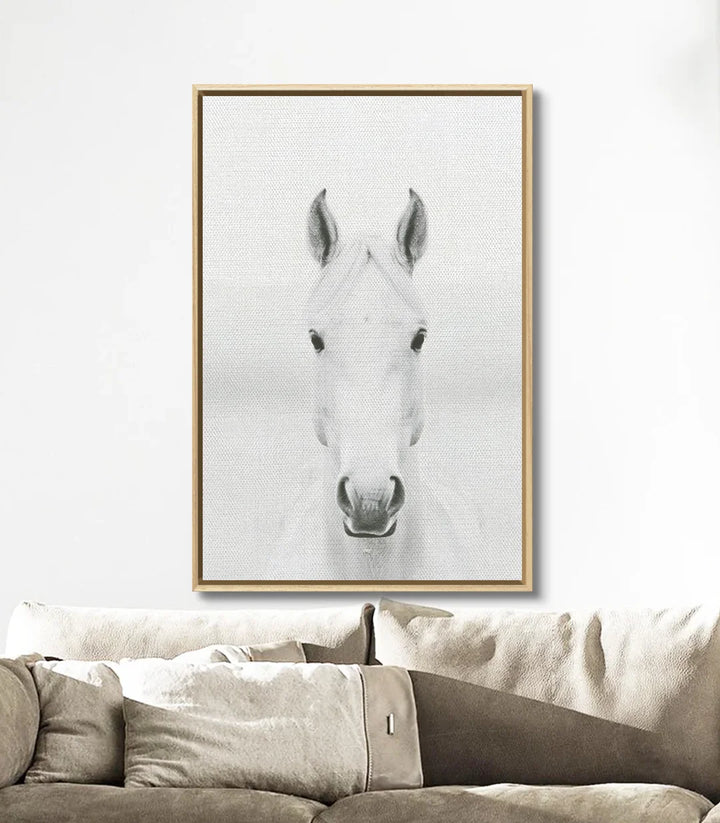 Mise en situation salon moderne — Tableau Innocence cheval blanc Massinart décoration
