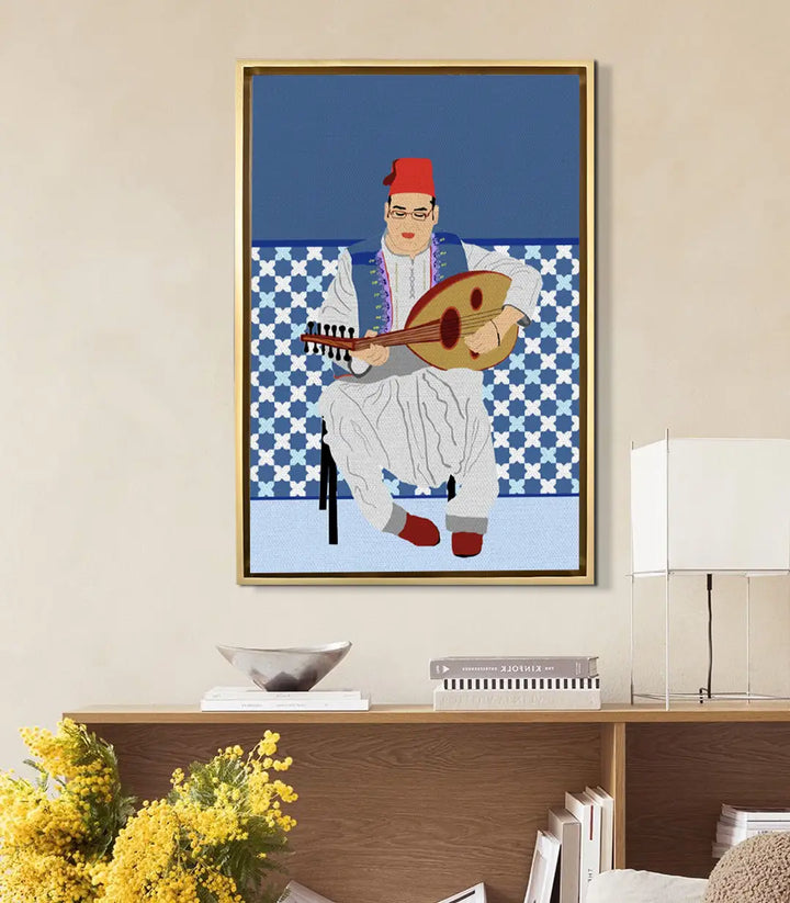 Mise en situation salon moderne — Tableau Oud Harmony Massinart au-dessus du meuble