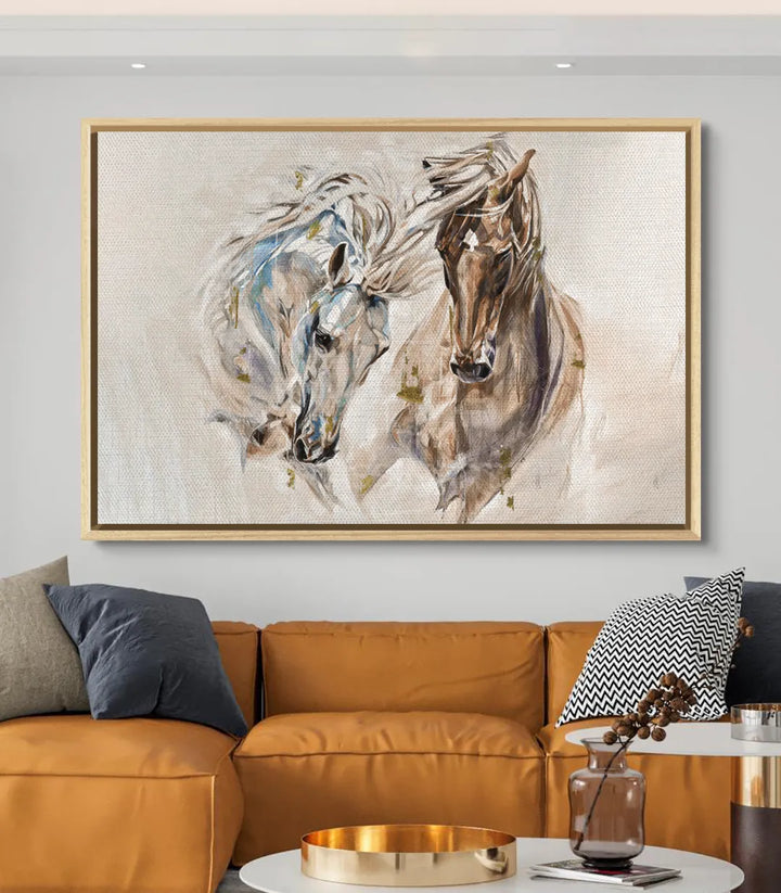 Décoration intérieur séjour — Tableau Chevaux Émotifs cadre noir horizontal