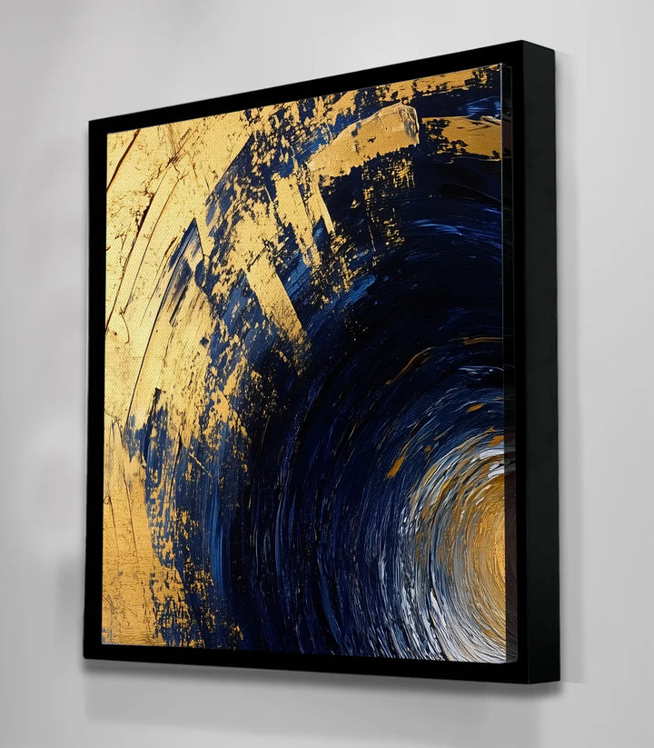 Simulation chambre élégante — Tableau abstraite Golden Vortex décoration intérieur, tons bleu or Massinart