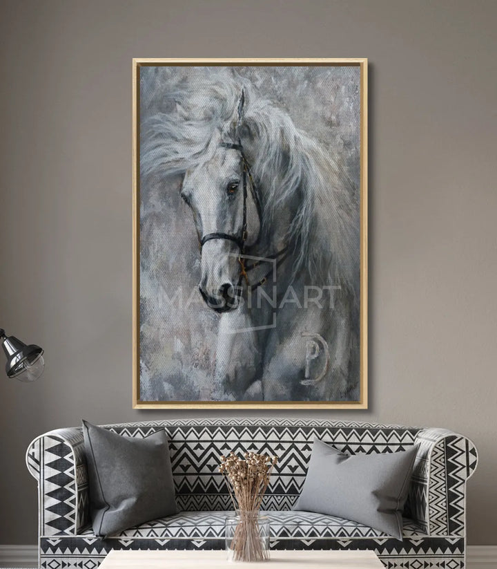 Tableau portrait de cheval décoration intérieur gris Massinart — ambiance séjour