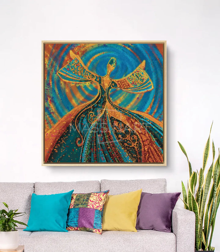 Tableau Derviche Tourneuse décoration intérieur canapé gris coussins colorés Massinart