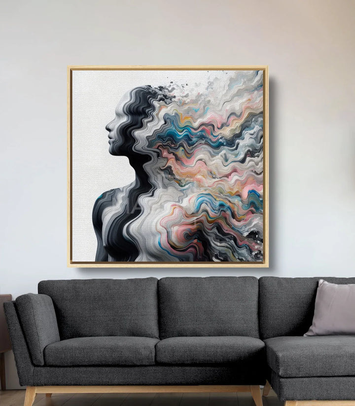 Tableau Color Surge en mise en situation salon moderne Massinart — cadre noir mur clair