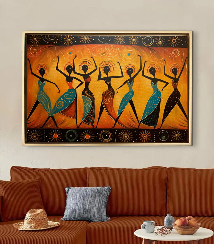 Tableau Tribal Dance en mise en situation salon — décoration intérieur moderne canapé terracotta Massinart