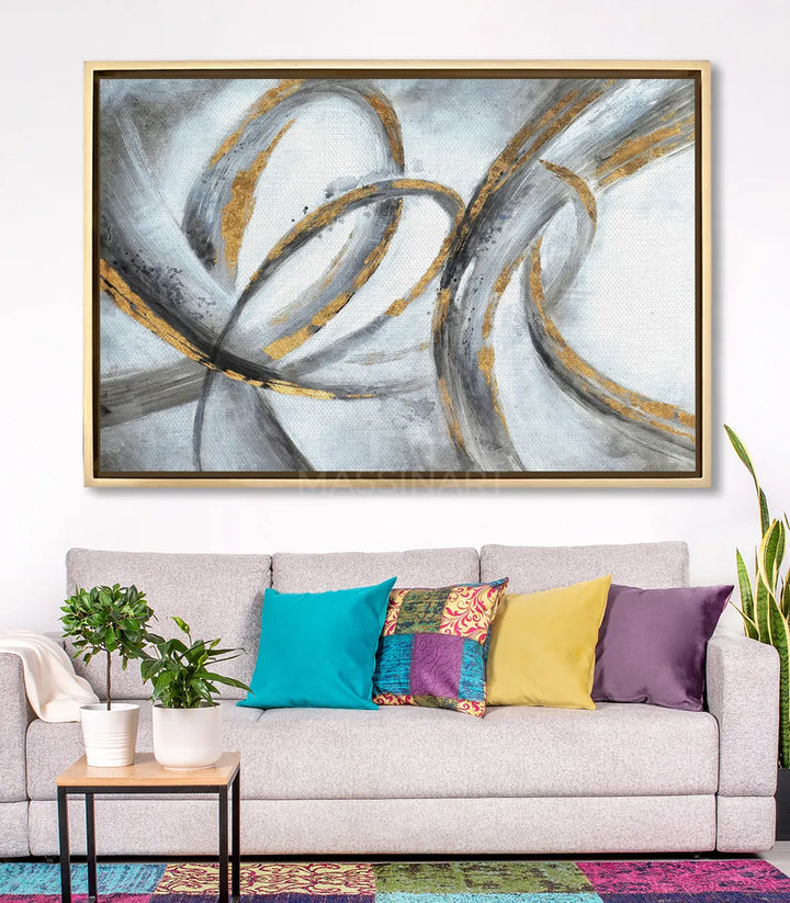 Mise en situation salon moderne - Tableau Swirl au-dessus canapé terracotta - Massinart