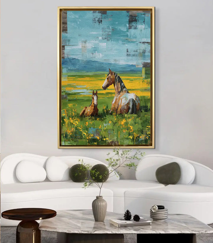 Tableau Resting Horses Massinart — mise en situation salon moderne au-dessus canapé