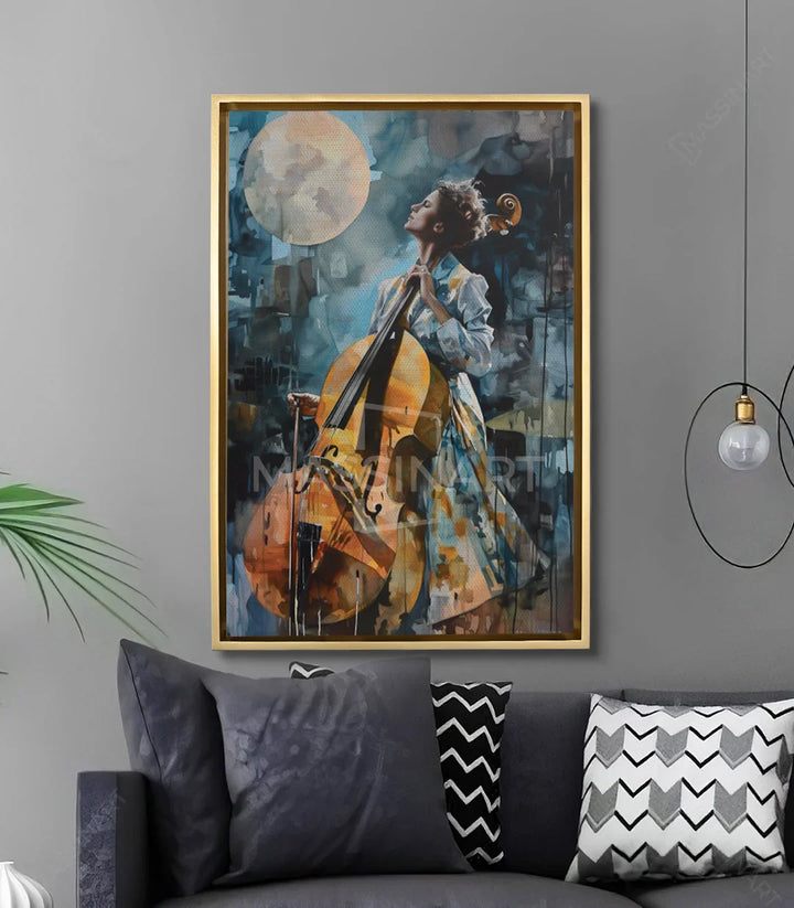 Tableau Melody mise en situation salon moderne avec coussins noirs Massinart