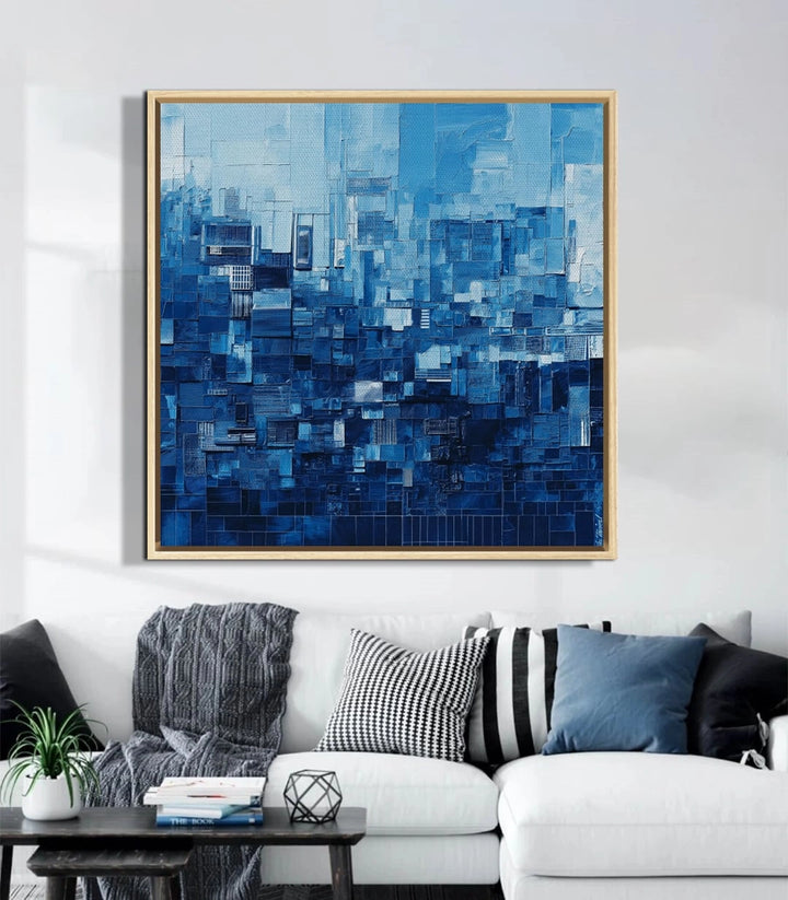 Décoration intérieur contemporain, tableau carré skyline bleu dans séjour épuré Massinart