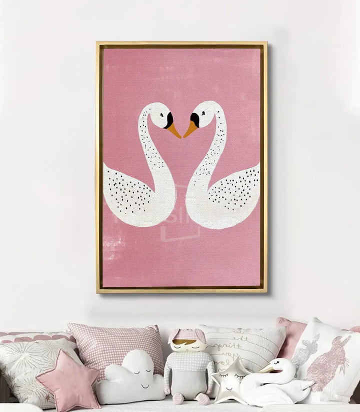 Mise en situation chambre fille - Tableau cygnes amoureux rose au-dessus du lit, Massinart