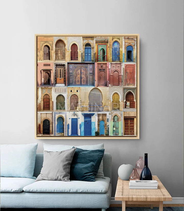 Détail composition architecture marocaine, porte zellige bleu et bois — Massinart