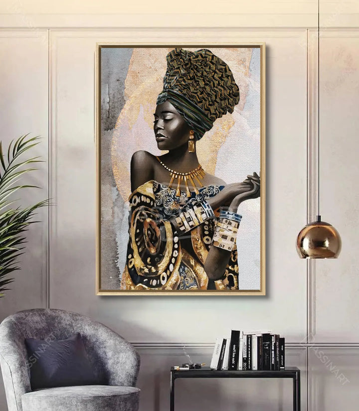 Mise en situation tableau reine africaine décoration salon moderne Massinart