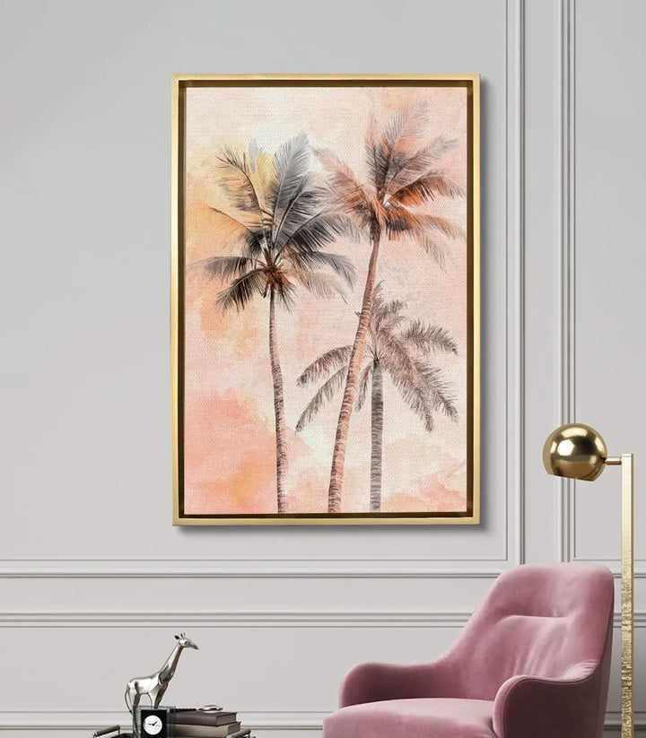 Mise en situation salon moderne Tableau Tripalm palmiers Massinart