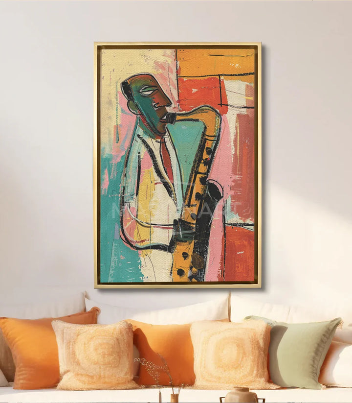 Tableau Jazz Vibes en mise en situation salon moderne Massinart — décoration murale musique