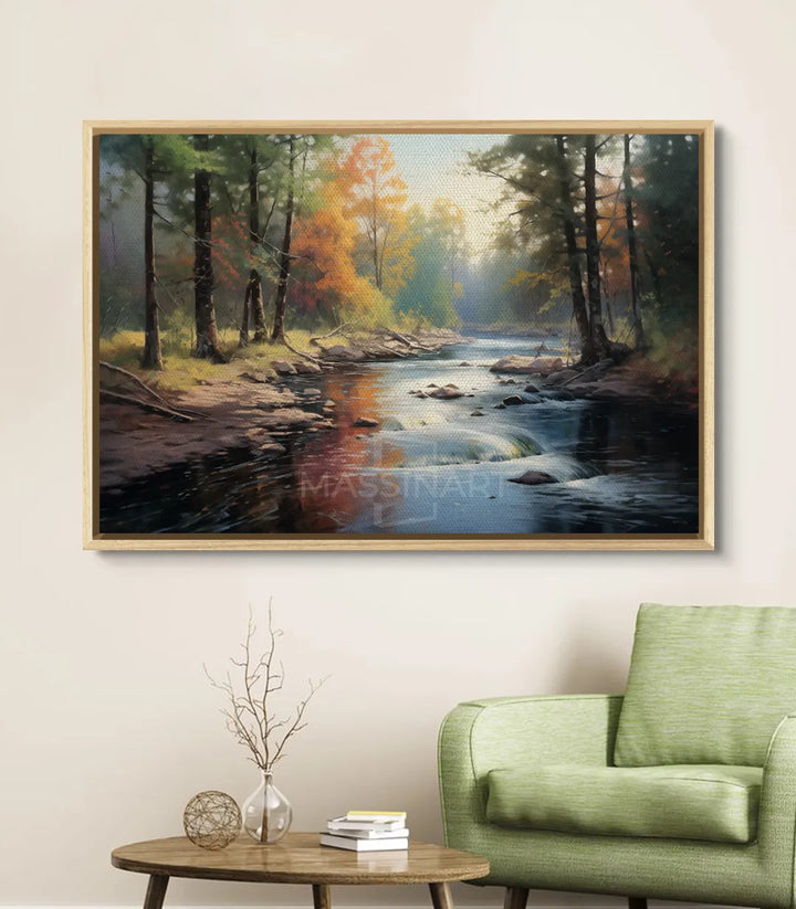 Mise en situation salon moderne Tableau Riverside Massinart — cadre noir paysage
