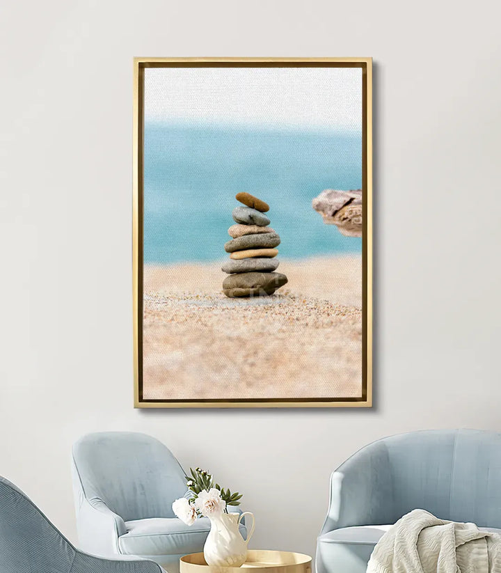 Tableau Stone Balance mise en situation salon moderne — décoration murale zen au-dessus canapé Massinart