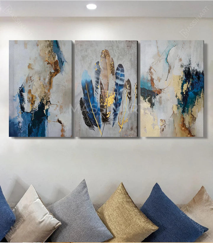 Mise en situation salon moderne, triptyque plumes bleues Massinart