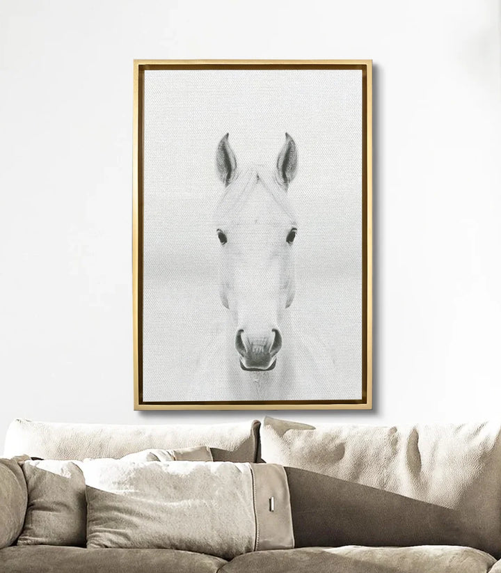 Mise en situation salon moderne — Tableau Innocence cheval blanc Massinart décoration