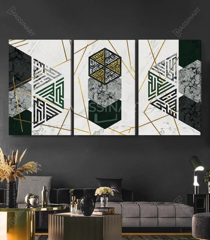 Tableau géométrie abstraite Massinart — détail formes 3D et textures marbre