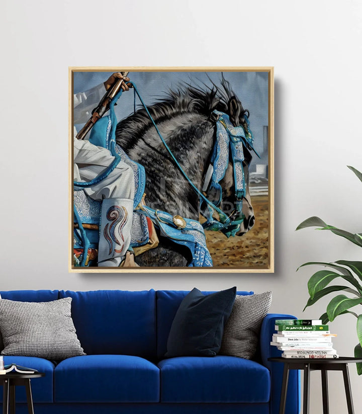 Décoration intérieur séjour — tableau Heritage Ride cheval marocain dans cadre noir Massinart