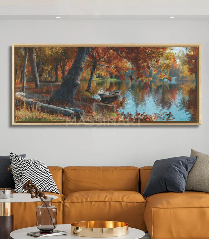 Décoration intérieur contemporain avec tableau nature forêt automne Massinart et mobilier chaleureux