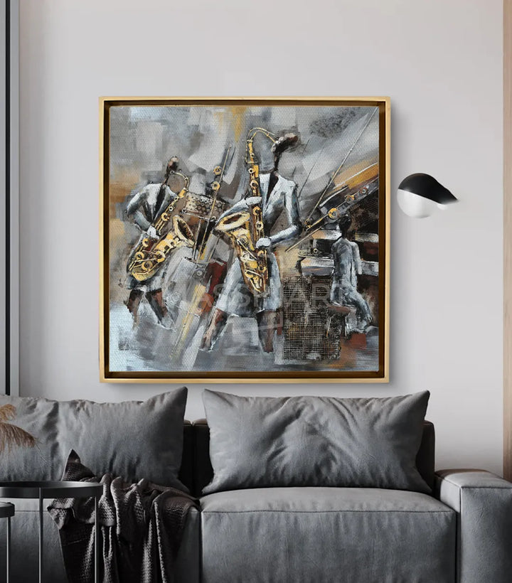 Tableau Jazz Saxophone mise en situation salon moderne gris Massinart