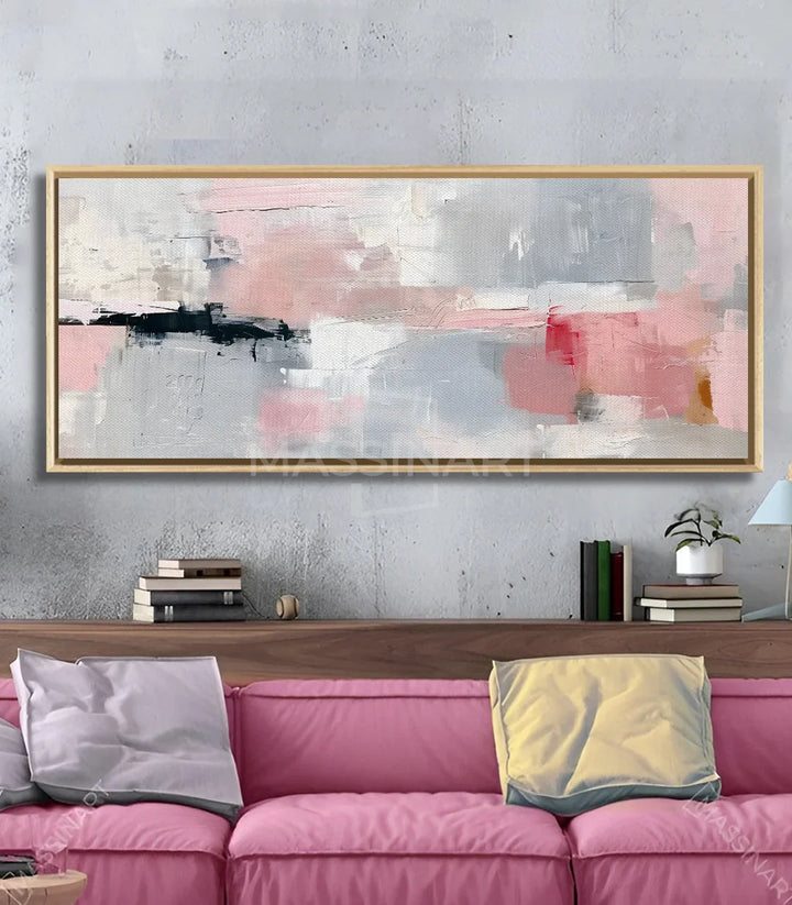 Tableau abstrait Rose en mise en situation chambre à coucher avec décoration intérieur Massinart