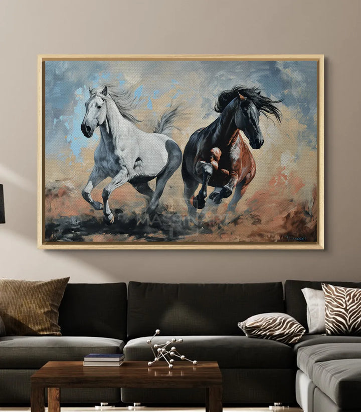 Tableau chevaux sauvages détail expressionniste — texture peinture desert bleu ocre Massinart