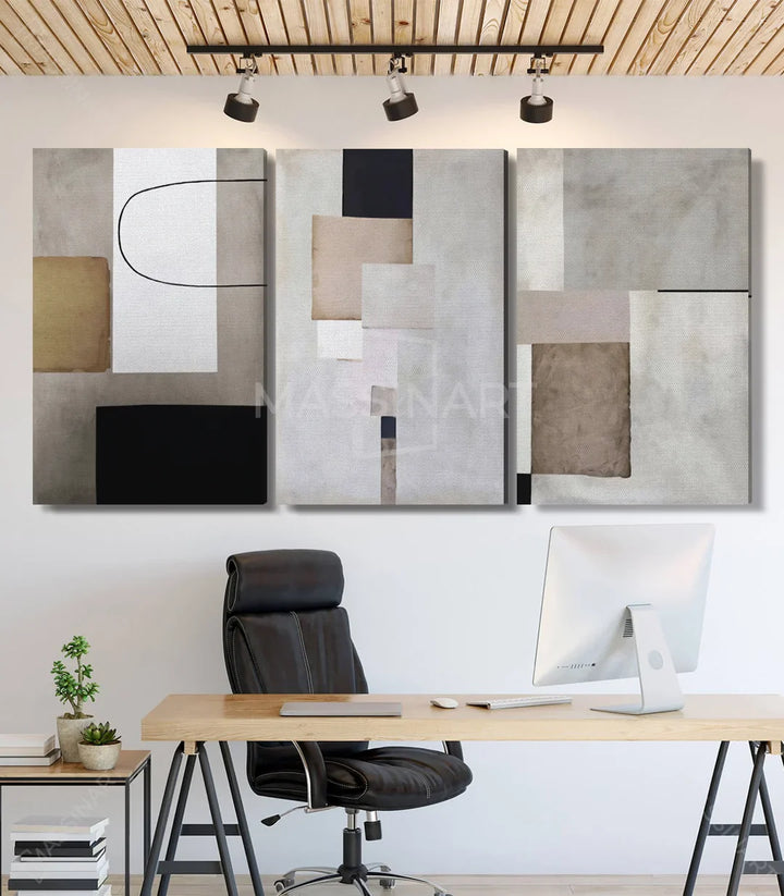 Tableau Quiétude triptyque abstrait — harmonie de tons neutres sur mur blanc Massinart