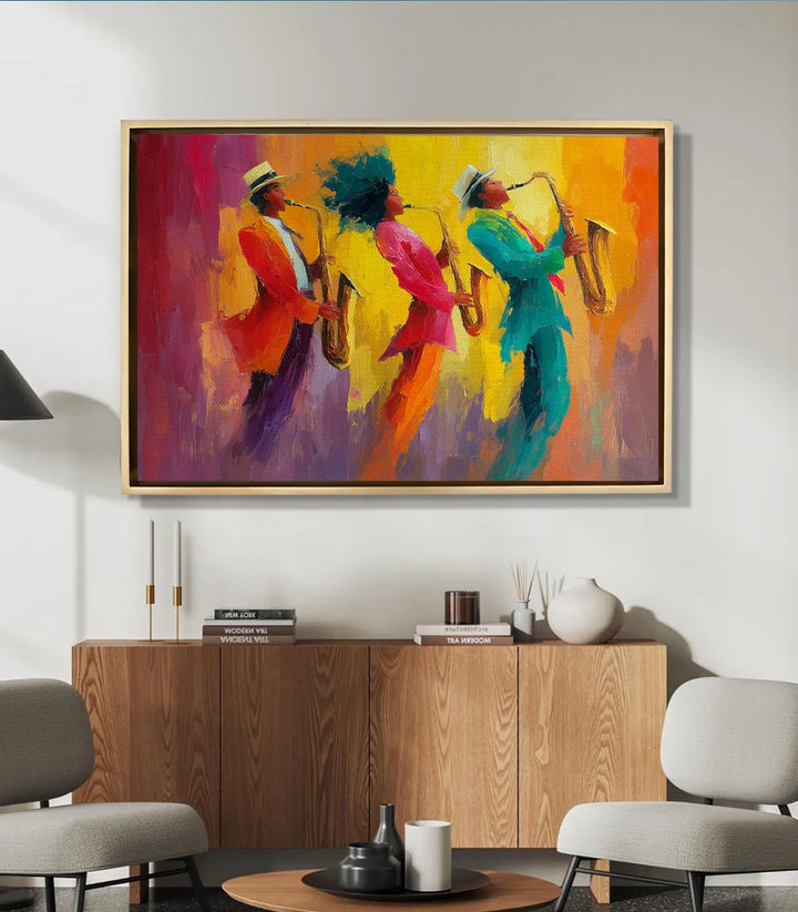Mise en situation salon moderne, tableau jazz Jam au-dessus du meuble — Massinart