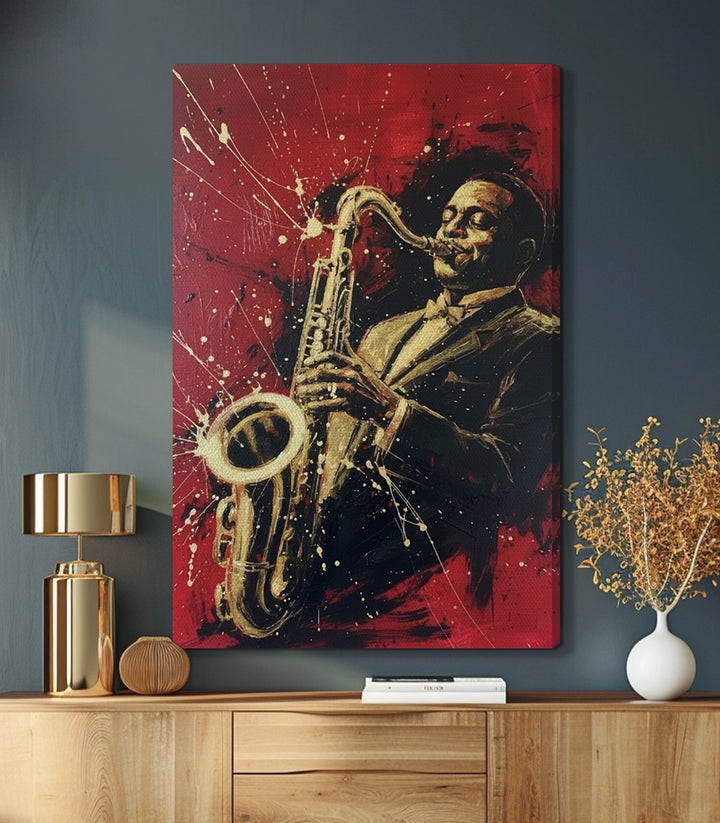 Tableau saxophoniste jazz ambiance séjour contemporain Massinart