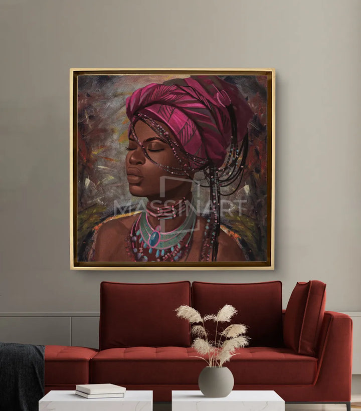 Mise en situation salon moderne, tableau femme africaine décoration murale Massinart
