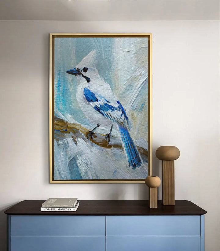 Mise en situation Bluejay au-dessus console salon moderne bleu — Massinart
