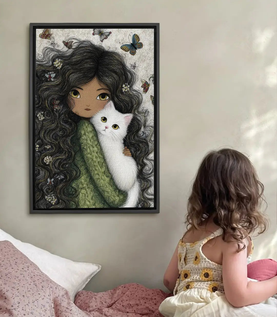 Tableau Soft Cuddle - fille chat papillons Massinart, illustration douce vert et blanc