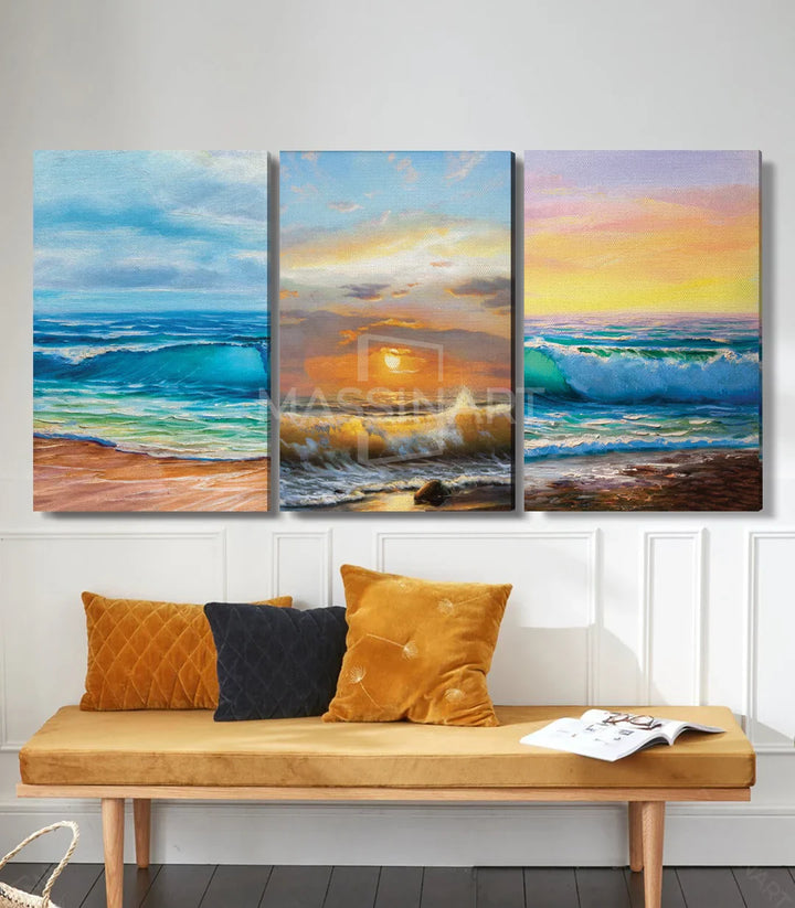 Mise en situation salon moderne — Triptyque Pure Sea au-dessus banc bois Massinart