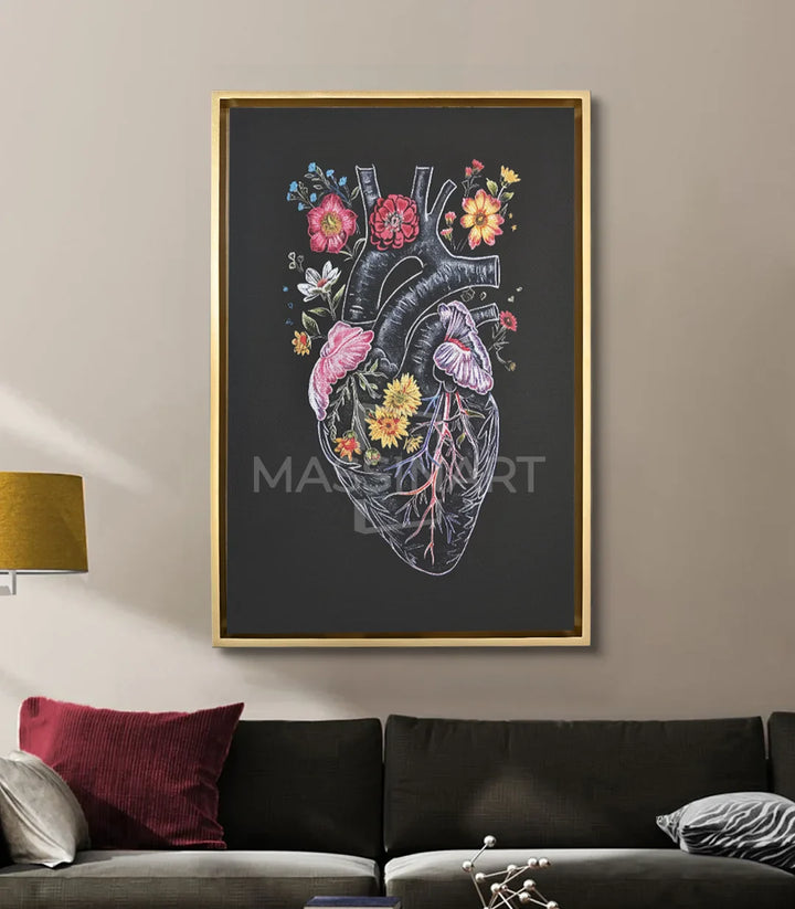 Mise en situation salon moderne — tableau coeur floral vertical cadre noir Massinart