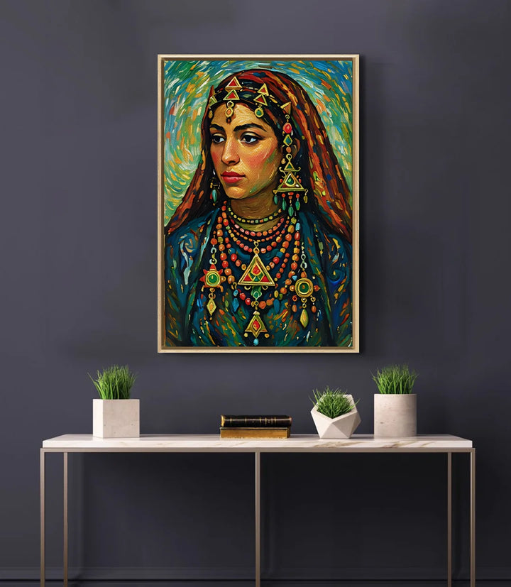Mise en situation chambre Tableau Sousia portrait femme marocaine décoration murale Massinart