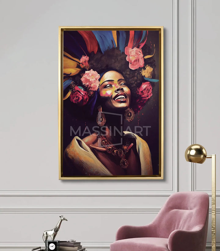 Mise en situation salon moderne tableau femme portrait pop-art Massinart