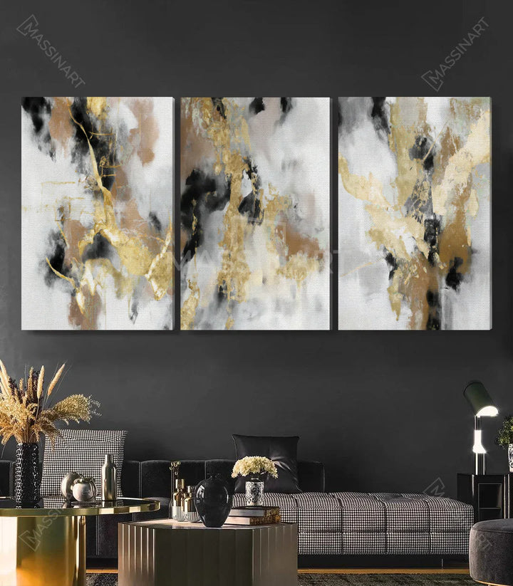 Mise en situation salon moderne, triptyque Ethereal au-dessus canapé gris — Massinart