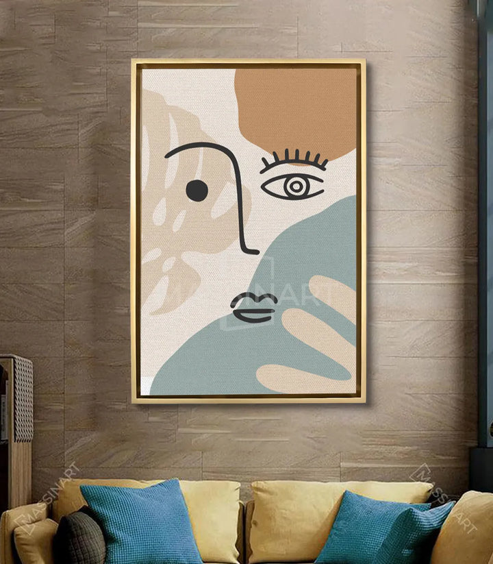 Mise en situation salon moderne avec tableau visage abstrait au-dessus du canapé — Massinart
