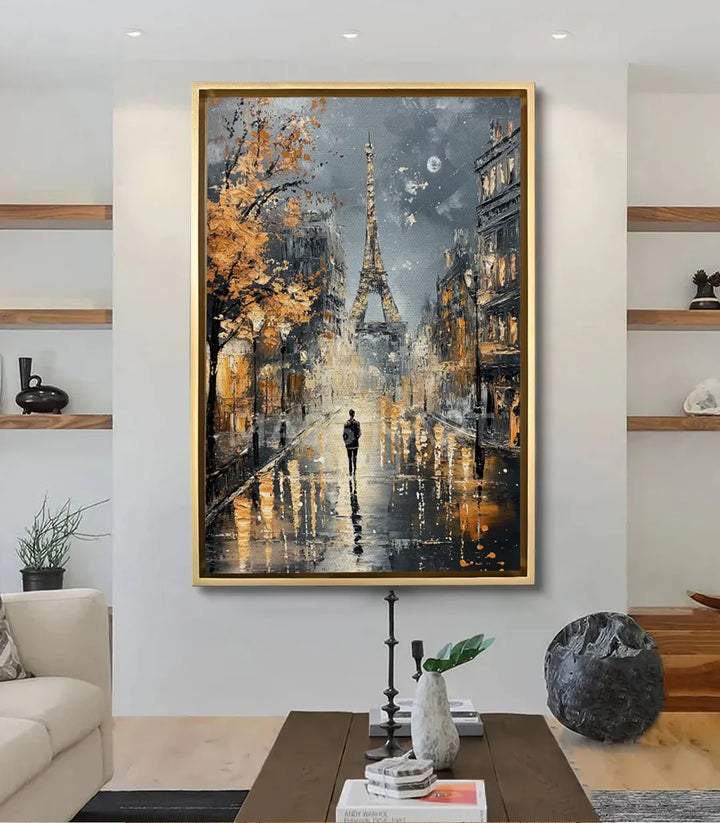 Tableau Paris Stroll mis en situation salon moderne noir doré Massinart