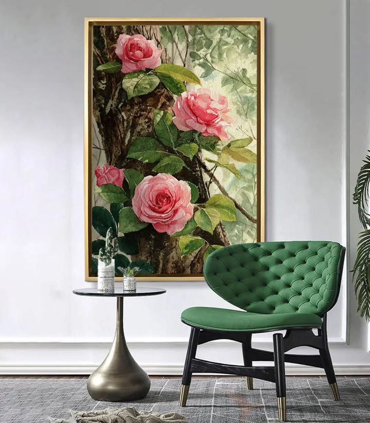 Mise en situation salon moderne Rosy Branch Massinart — tableau floral rose sur mur clair