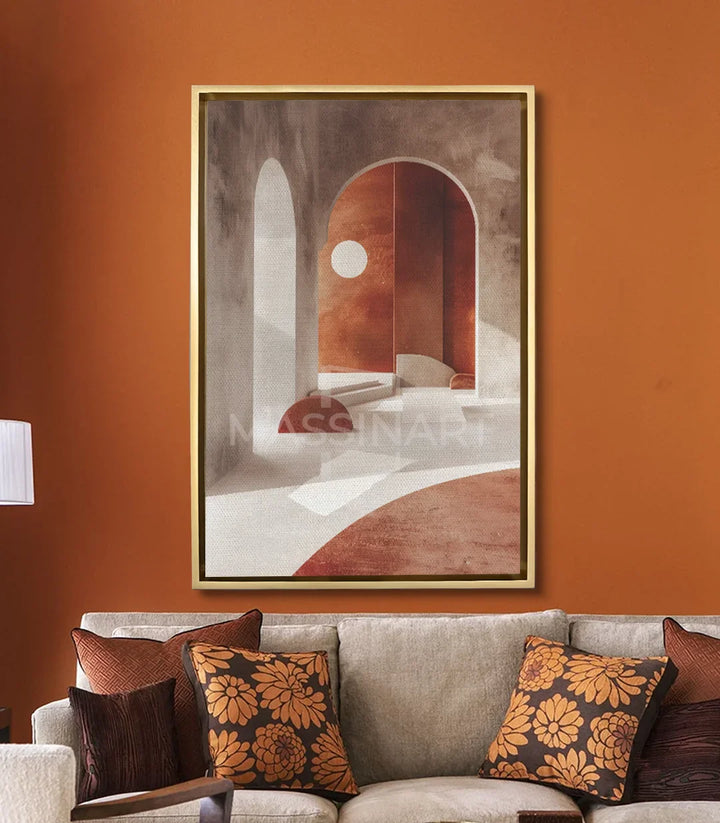 Tableau Arch Massinart — mise en situation salon moderne mur terracotta