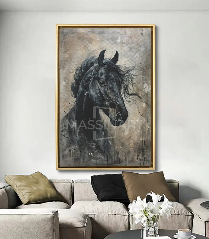 Tableau cheval noir Midnight Soul mis en situation salon moderne Massinart
