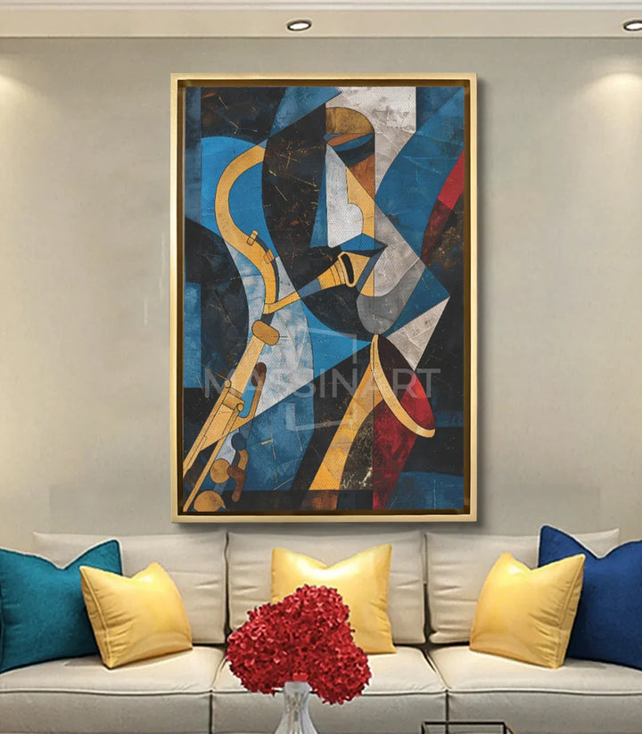 Tableau Saxo mise en situation salon moderne canapé blanc coussin jaune Massinart
