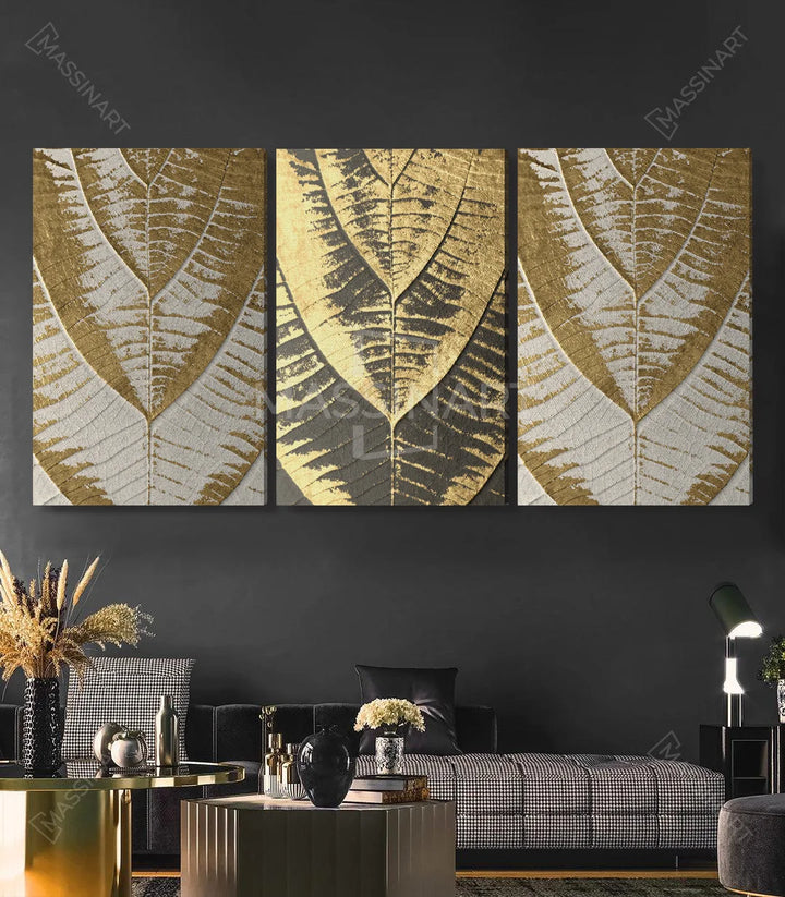 Tableau Golden Leaves triptyque — triptyque doré décoration chambre hôtel Massinart