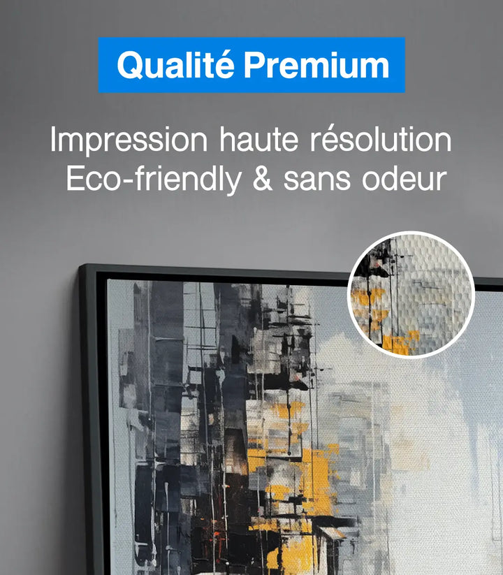 Mise en situation bureau design, tableau paysage urbain gris rouge Massinart