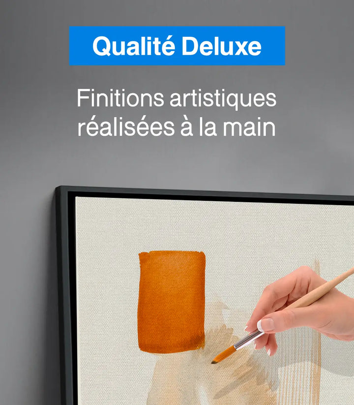 Mise en situation salon moderne — Tableau Sunbaked diptyque au-dessus canapé orange Massinart
